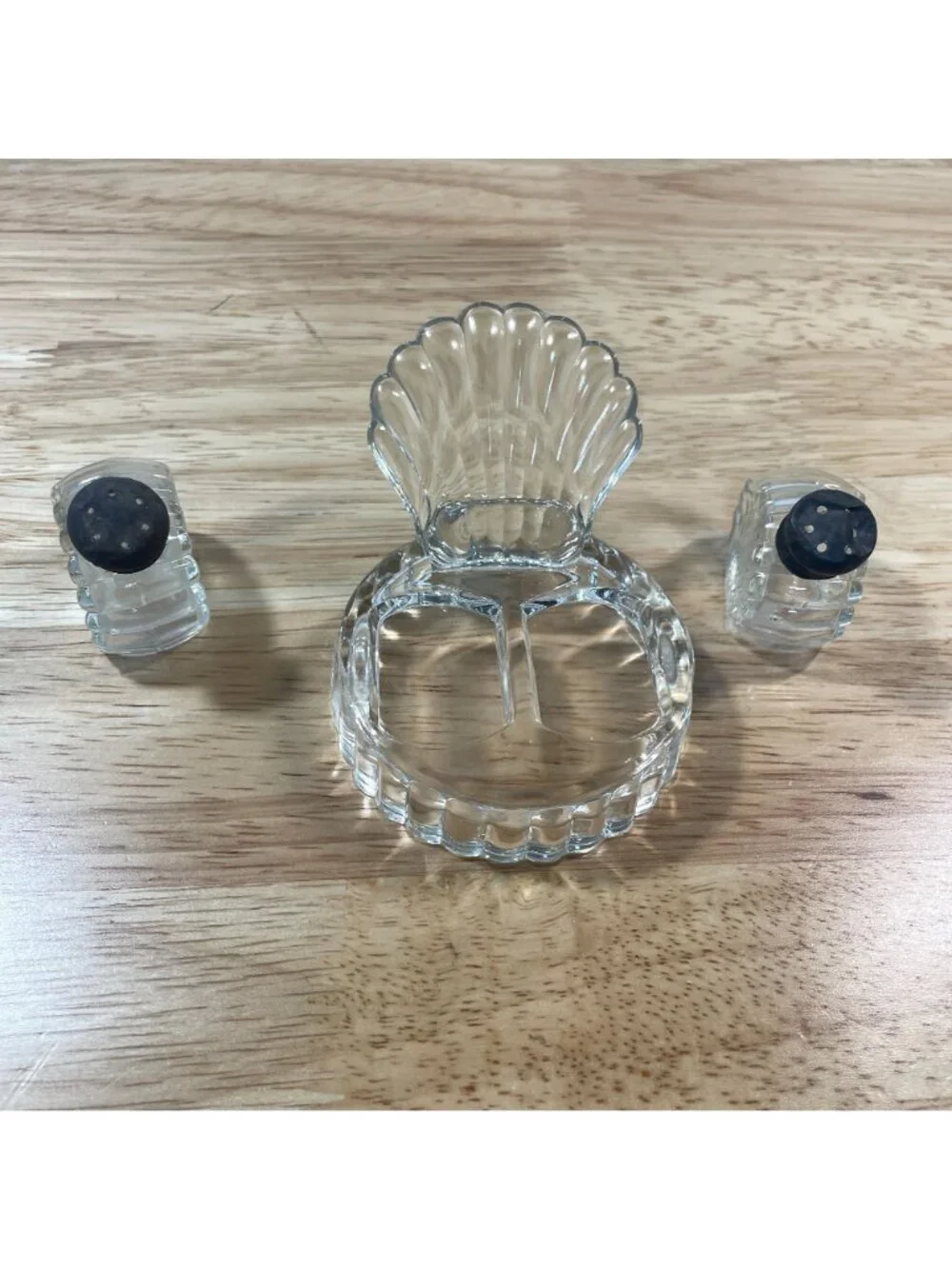 Vintage Mini Art Deco Clear Glass Salt and Pepper Shakers with Seashell Holder